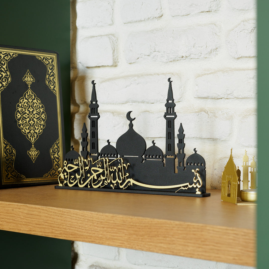 Islamische Tischdekoration aus Metall mit Bismillah-Schriftzug und Moschee-Silhouette – WAMH139