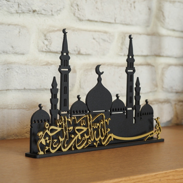 Décor de table islamique en métal écrit Bismillah avec silhouette de mosquée - WAMH139