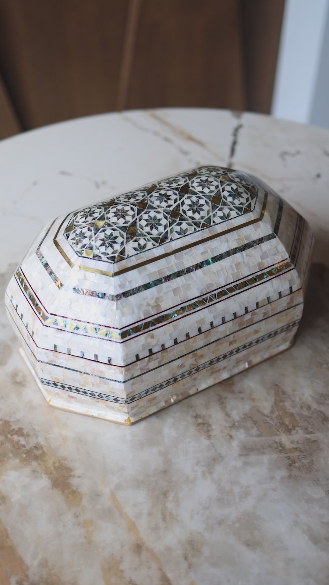 Handcrafted Patterned Wooden Box with Mother-of-Pearl Mosaic and Abalone Inlay - WAAH471