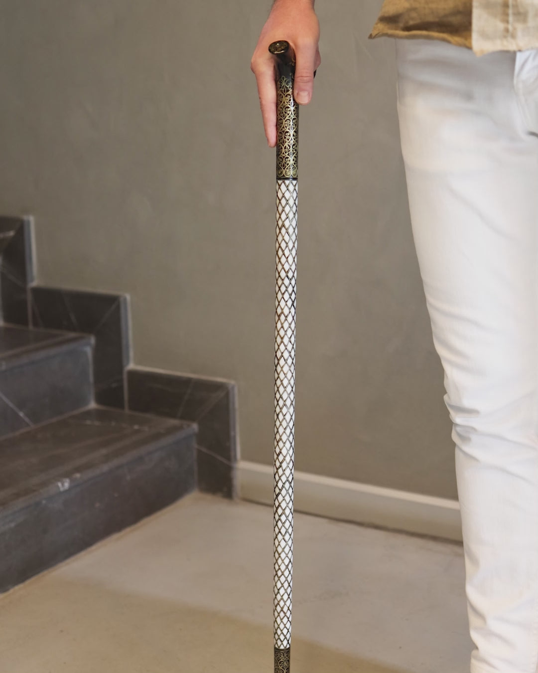 Handcrafted Wooden Walking Cane with Mother-of-Pearl and Copper Wire Inlay - WAAH479