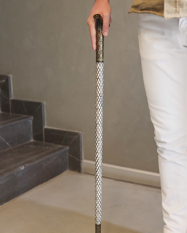 Handcrafted Wooden Walking Cane with Mother-of-Pearl and Copper Wire Inlay - WAAH479
