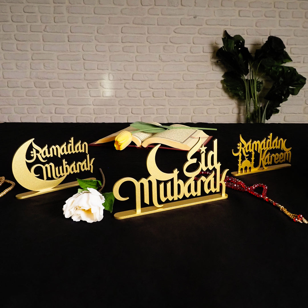 Lot de 3 décorations pour le Ramadan - Décoration en métal Ramadan Mubarak, Ramadan Kareem et Eid Mubarak - WAMH121