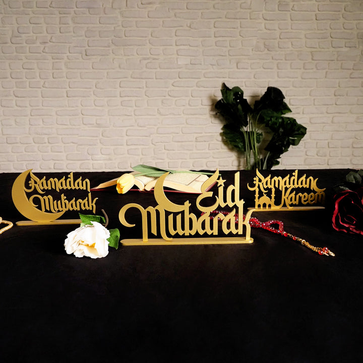 Lot de 3 décorations pour le Ramadan - Décoration en métal Ramadan Mubarak, Ramadan Kareem et Eid Mubarak - WAMH121